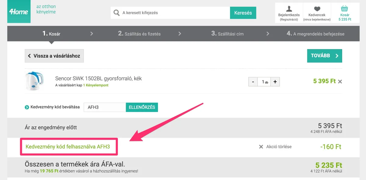 A 4home termékek kosárba téve, a megrendelés folyamata az e-shopban