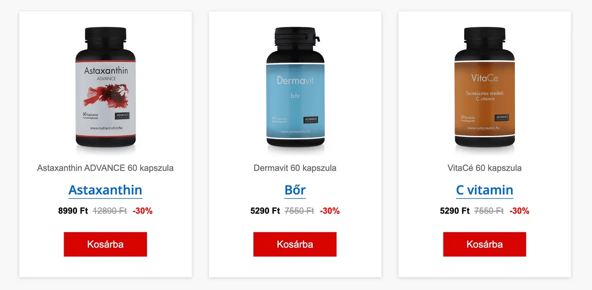 Az ADVANCE Nutraceutics kínálata az e-shop oldalán termékfotókkal