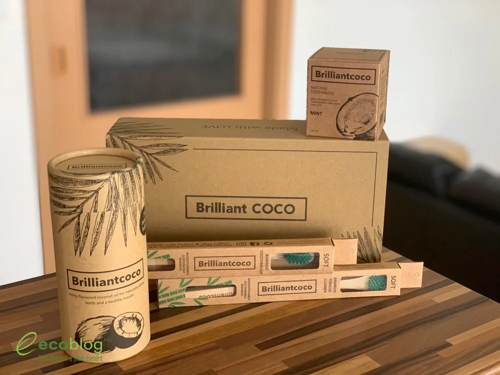 Brilliantcoco szett: oil pulling olaj, natúr fogkrém, bambusz fogkefe és nyelvtisztító a teszthez előkészítve