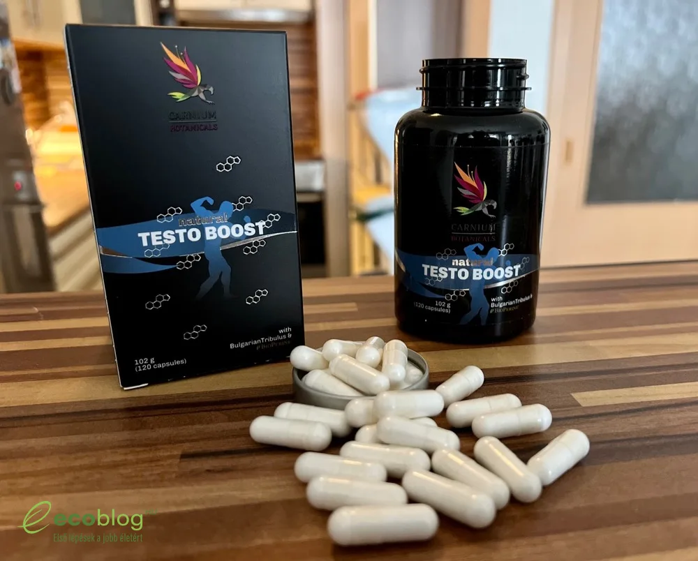 Carnium Botanicals Natural Testo Boost étrend-kiegészítő férfiaknak, doboz és kapszulák