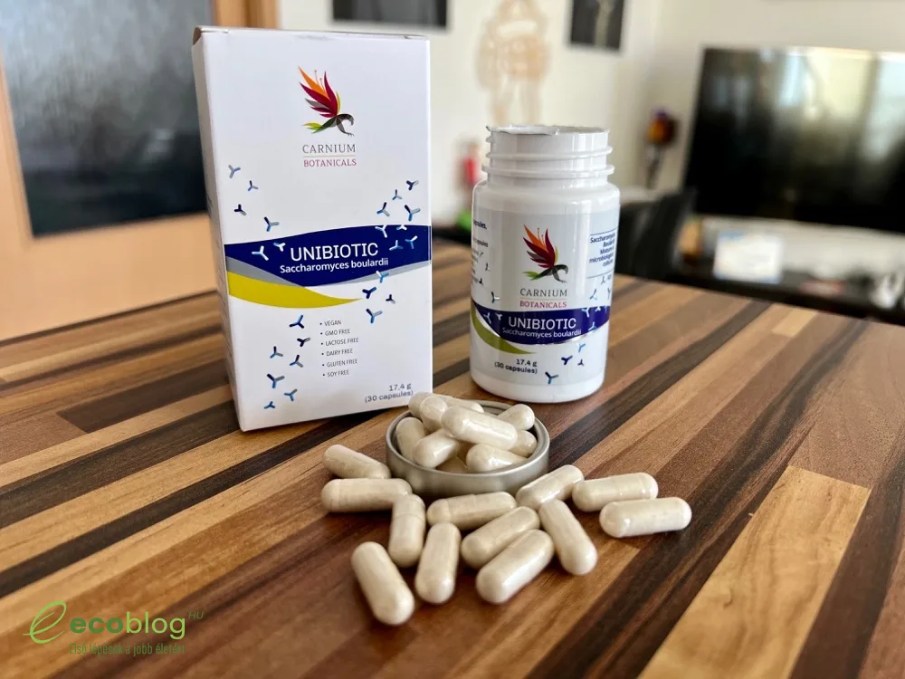 Carnium Botanicals Unibiotic probiotikum kapszula, csomagolás és kapszulák tesztre készen